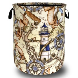 Nautical Theme Laundry Basket Foldable Retro Anchor Rudder Laundry Hamper With Handle Oxford Cloth Portable Clothes Storage Basket 18.9"x16.5" Laundry Bag For Laundry Room/Bedroom/Bathrooms