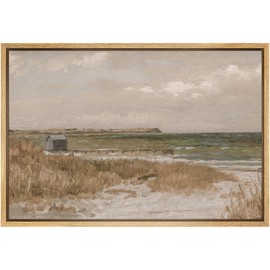 SIGNFORD Framed Canvas Print Wall Art Coastal Grassland Serene Seaside Landscape Illustrations Modern Art Minimal Relax/Calm for Living Room, Bedroom, Office - 16"x24" Natural