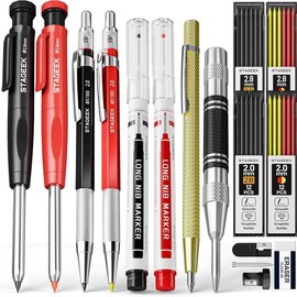 STAGEEK Carpenter Pencils Set with Case, 3PCS Mechanical Carpenter Pencils with 39 Refills, Heavy Duty Construction Pencil with Sharpener, Deep Hole Long Nib Marker Pens for Architect Marking:_2.0 Set 【with Storage Pen Case】
