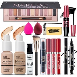 Geyomi Kit De Maquillaje Completo Para Mujer, Incluye 12 Colores De Sombras De Ojos, Base Y Prebase, Labiales, Delineador De Ojos, Máscara De Pestañas, Barra De Contorno, Jabón Para Cejas, Brocha Y Es
