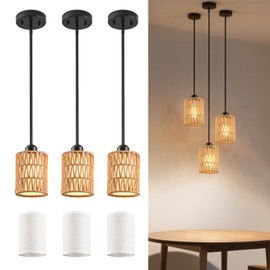 OUVR Pendant Light Boho Hanging Lamp - Rattan & Linen 2-in-1 Shade, Adjustable Hanging Lights Fixture for Kitchen Island, Dining Room, Farmhouse, Bedroom (3 Pack)