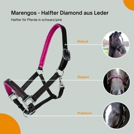 Marengos - Diamond Leather Headcollar | Halter for Horses | Horse Halter with Colour-Lined Noseband and Headpiece | Elegant Leather Halter | Horse Accessories in Black/Pink | Thoroughbred