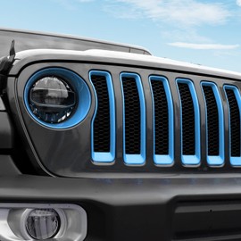 CheroCar for JL Mesh Grille Grill Insert & Headlight Turn Light Cover Trim Exterior Accessories for Jeep Wrangler JL 2018-2022,Light Blue