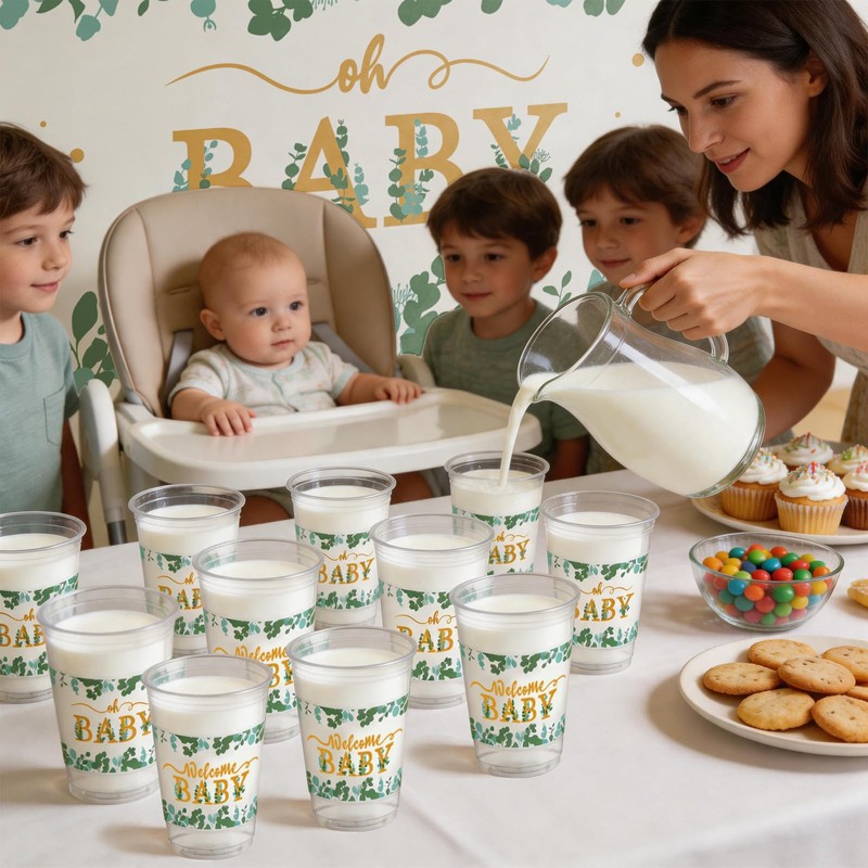 50 PCS Sage Green Baby Shower Plastic Cups,12 OZ Clear