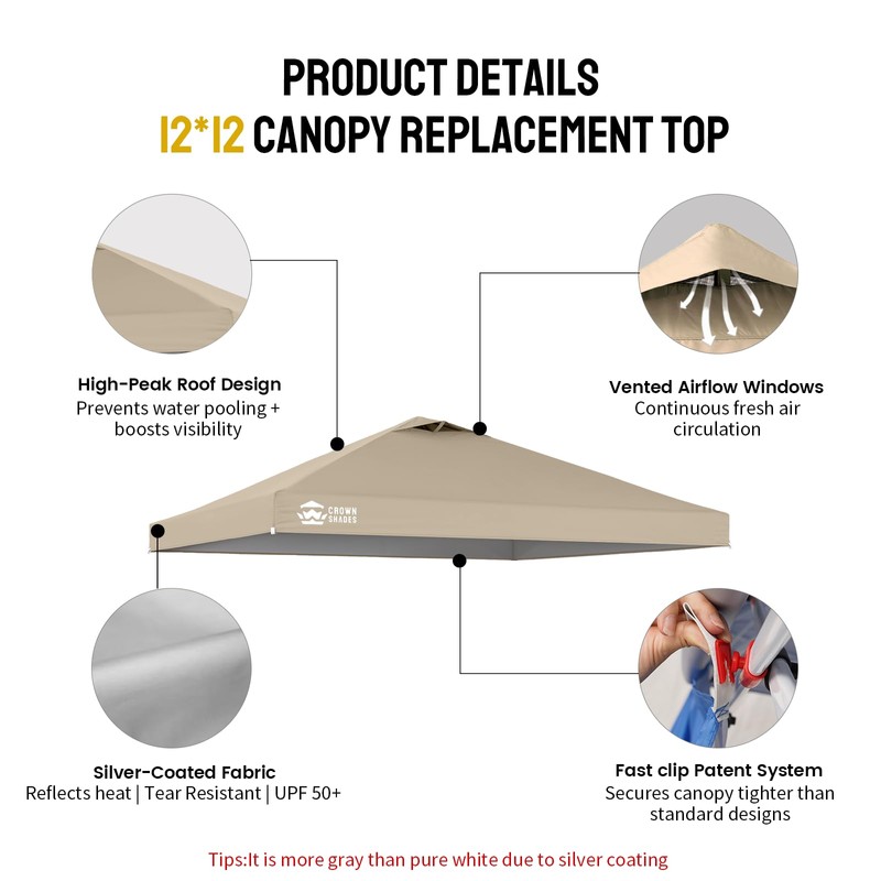 CROWN SHADES 12x12 Canopy Replacement Top - Only Compatible with