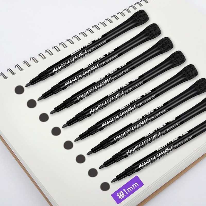 Whiteboard Pens, Set of 8 Black with Magnet, Eraser, Water