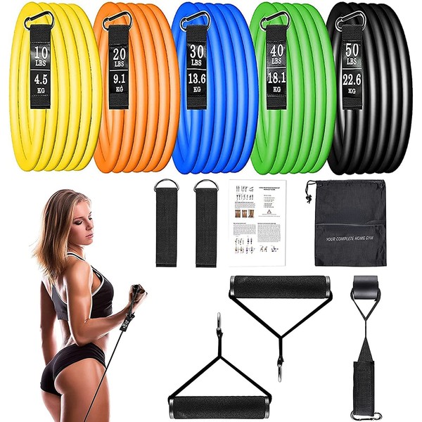 Resistance Bands Set with Large Handles, Natural Exercise Rubber Bands Stackable up to 150 lbs, Comes as a Set of 5, Fitness Workout Bands with Ankle Straps, Door Anchor Attachment, Carry Bag
