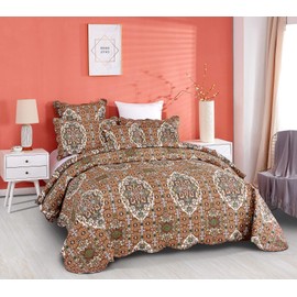 DaDa Bedding Earthy Cross Motif Folk Bedspread - Cozy Arabian Moroccan Ogee Rustic Antique Style Quilted Coverlet Set - Scalloped Edges Warm Tones Burnt Orange Brown Olive Green - Cal King - 3-Pieces
