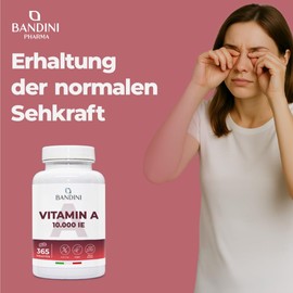 Bandini® Vitamin A 10.000IE (3000 μg), 365 vegane Mikro Tabletten (+1 Jahr), Retinol hochdosiert, Trägt zur Erhaltung der normalen Haut & Sehkraft bei, Retinylacetat, Alternative zu Tropfen & Kapseln
