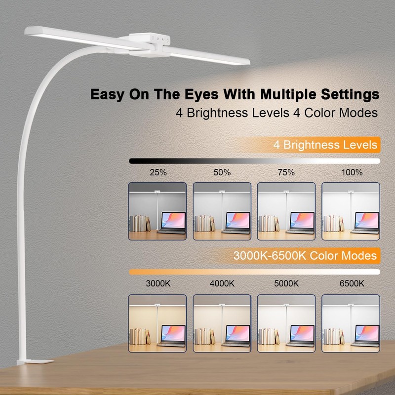 EppieBasic LED Desk Lamp, 24W Double Head Desk Light,Architect Clamp