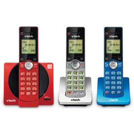 VTech 3-Handset Cordless Phone for Home with Caller ID/Call Waiting, Landline Phones, Illuminated Keypad, Full Duplex Speakerphone, ECO & Quiet Mode, Wall Mount | CS6919-3A (Red/Blue/Grey)