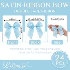 LiBongTa 4.5" Satin Ribbon Blue Bows for Gift Wrapping, Twist Tie Bows, Cute Bows for Crafts, Party Favors, Premade Bows Pre-Tied Decorative Bows for Flower Bouquets Candy Apple Bows-24 Counts