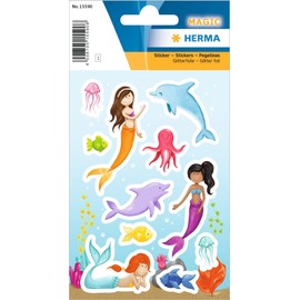 HERMA 15590 Stickers Mermaid Glitter Small Large Pack of 11 Girls Stickers with Sea Animals Motif, Children's Labels for Photo Album, Diary, Poetry Album, Scrapbooking, Birthday Decoration, Letters