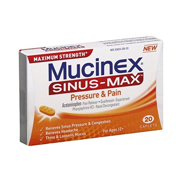 Mucinex Sinus-Max Pressure and Pain Caplets, 20 Count (Pack of 3)