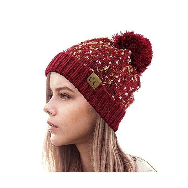 NYFASHION101 Exclusive Winter Top Pom Pom Knit Confetti Cuff Beanie Hat - Burgundy