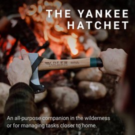 Adler Yankee Camping Hatchet with Leather Sheath - German Forged, 15" Hickory Handle, Compact All-Purpose Hatchet for Camping, Hiking, Bushcraft, Preparing Kindling (Green Stripe)