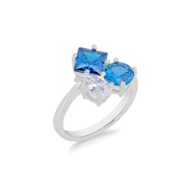 Tuscany Silver Women's Sterling Silver Rhodium Plated White and Blue CZ 3-Stone 11.5mm x 13mm Cluster Ring #L