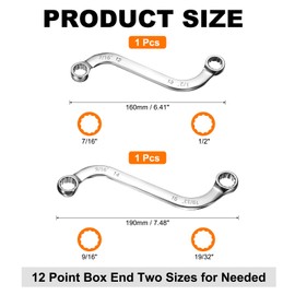sourcing map 7/16" x 1/2" + 9/16" x 19/32" 12-Point S-Style Box Wrench Double End S-Shaped Wrench Chrome Plated Alloy Steel S Box Wrenches for Home Auto Bike Repair Machine Maintenance, Silver