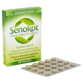 Senokot 7.5mg 20 Tablets - Natural Senna Fruit Laxative for Constipation Relief, Constipation relief for adults, Dual action laxative, Double action constipation relief, Effective Overnight