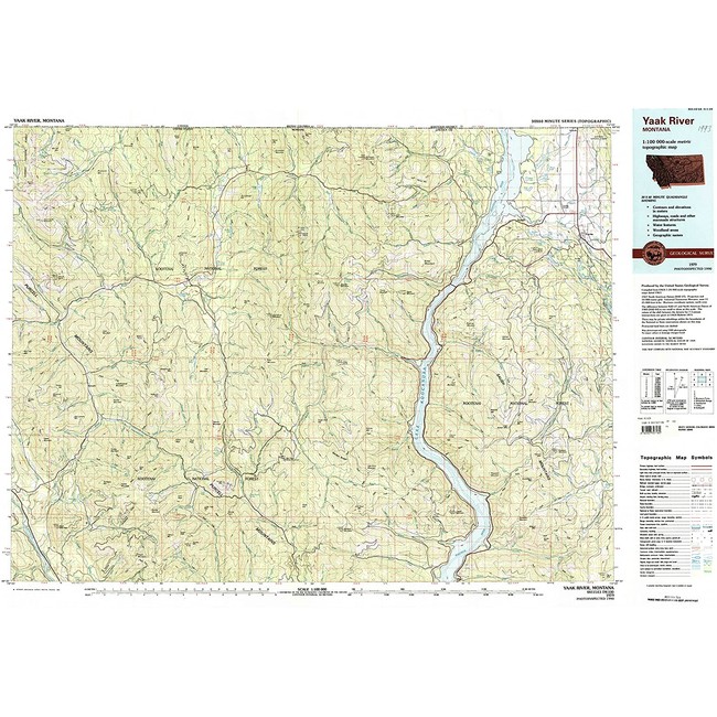 YellowMaps Yaak River MT topo map, 1:100000 Scale, 30 X 60 Minute, Historical, 1979, Updated 1993, 24.1 x 35.1 in
