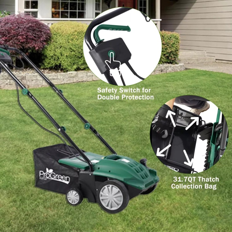 ProGreen 13 Inch 12A Electric Dethatcher Scarifier,2 in 1 Folding