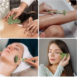 Rodillo Masaje Facial Gua Sha De Jade Antienvejecimiento Kit                                                                                          