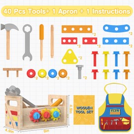 Toys for 2 Year Old Boy - Wooden Kids Tool Set with Apron, Montessori Toddler Bench STEM Educational Construction Toy for Ages 2-4, Pretend Play Birthday Gifts for Girls Christmas Stocking Stuffers
