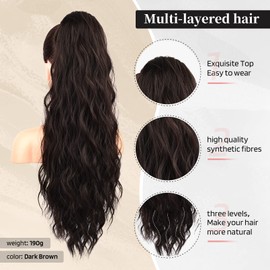 Flufymooz Ponytail Extension, 66 cm Ponytail with Drawstring Hair Extensions, Curly Ponytail Synthetic Hairpiece for Women (Black Brown)