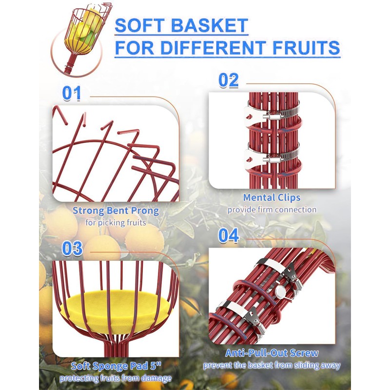 AgiiMan 28 Reach Fruit Picker with Telescopic Extension Pole and
