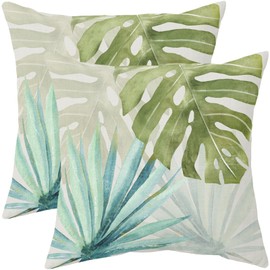 Tropical Pillow Covers 16x16 Set of 2 Summer Blue Green Palm Monstera Leaf Outdoor Decorative Throw Pillows Farmhouse Botanical Pillowcases Linen Cushion Case Decor for Home Sofa Couch Bed