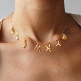 NOMOKOS Initial Charm Necklace for Women-18k Gold Plated Seashell Starfish Sun Conch Shell Mermaid Pendant Necklace, Boho Summer Beach Jewelry Gifts for Surfer Vacation Essentials