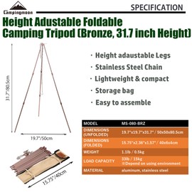 CAMPINGMOON Camping Campfire Tripod with Carrying Bag Portable Lightweight Aluminum 31.5-inch Height Stainless Steel Chain Bronze