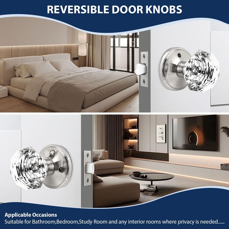 Orger 3 Pack Diamond Glass Door Knobs, Crystal Privacy Door