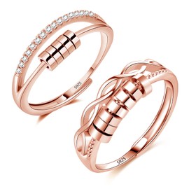 Cangall Silver Anxiety Rings, 2PCS 925 Sterling Silver Fidget Rings Set, Open Adjustable Rose Gold Anxiety Fidget Rings with Beads, Infinity Unisex Stress Spinner Ring Relaxing Gift for Women Men