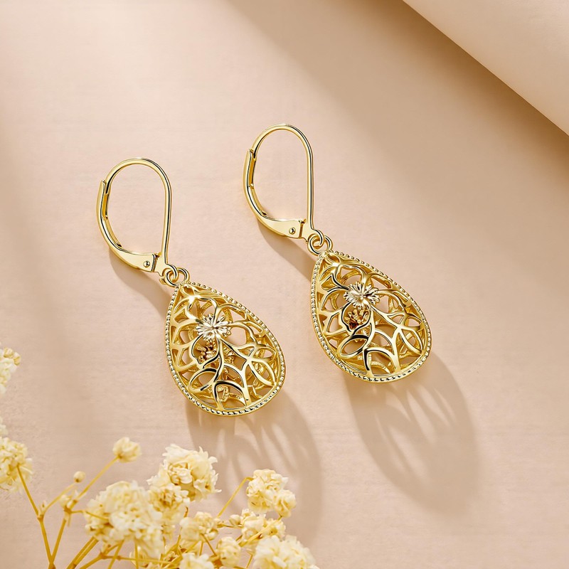 Teardrop Gold Filigree Leverback Dangle Earrings for Women Trendy Gifts