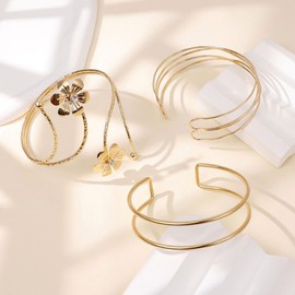 REVOLIA 3Pcs Arm Cuff Bracelet Gold Upper Arm Band Cuff for Women Adjustable Arm Cuff Bangle Bracelet Minimalist Coil Flower Armlet Armband Jewelry Set Style-C Gold