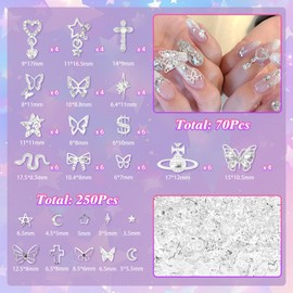 Silver Nail Charms, 320 Pcs Cross Dangle Star 3D Alloy Nail Gems and Charm, Butterfly Bows Star Planet Nail Art Charms, Silver Nails Rivets Charms for Nails DIY Design Y2K Supplies