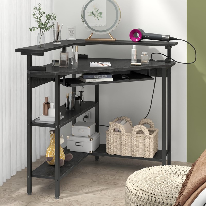 Auromie Corner Desk with Charging Station & LED Light, Triangle