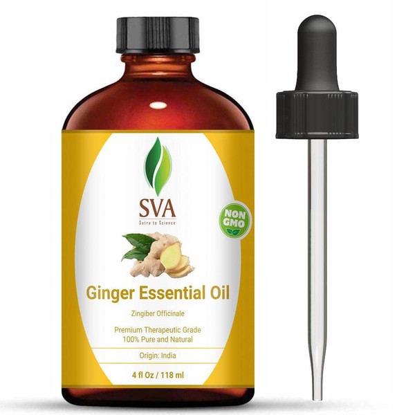 SVA Ginger Essential Oil 4 Oz | Strong Aroma |- 100% Pure & Natural, Premium Therapeutic Grade, Undiluted, Steam Distilled Oil, for Diffuser Blends, Aromatherapy and Overall Wellness, Body Massage.