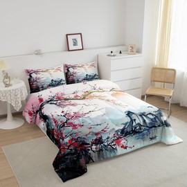 Feelyou Cherry Blossoms Comforter Set Queen Size Kids Japanese Style Comforter for Boys Girls Teens Fuji Mountain Decor Home Decor Bedding Set Sakura Flower Duvet Set