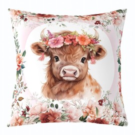 Feelyou Cute Highland Cow Throw Pillow Covers 18"x18" 1Pcs Cartoon Animal Decorative Pillowcase for Sofa Bed Chair Car Flower Floral Print Cushion Cover Farm Zoo Garden Theme Outdoor Pillows Covers