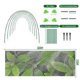 MQHUAYU Garden Hoops with Netting, 10X30FT Garden Netting Mesh with 6 Sets(36Pcs) Garden Hoops & 18 Clips, 8.5 FT Fiberglass Garden Hoops for Raised Beds, Vegetable Plants Fruits Flowers