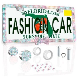 Fashion Car Ultra Bling Fashion License Plate Frame Cover Shiny Especially Brilliant. Stainless Steel Bright Rhinestones. Shiny (Color Bow Color)