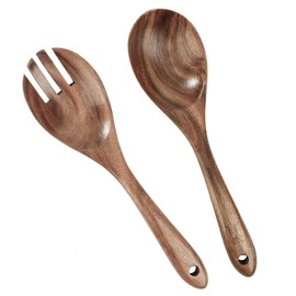 MaoXinTek Salad Servers Wooden Spoon Fork Wooden Cutlery Salad Fork Salad Spoon Kitchen Utensil Handmade Cutlery Tableware Mixing for Salad, Pasta, Fruit, Kitchen Utensils (Set of 2)