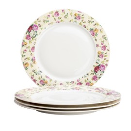 Gracie China by Coastline Imports Cream Rose Chintz Set of 4 Dinner Plates, 10.5-Inch, Pink Yellow