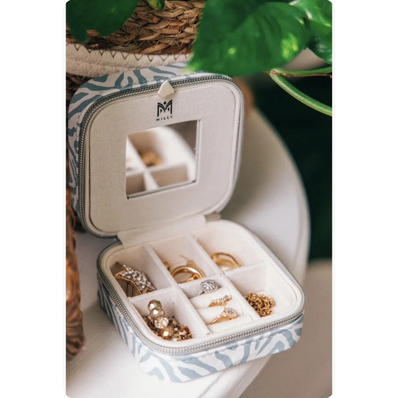 Milly • Traveling Jewelry Case in Teal and White Zebra