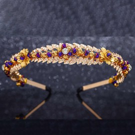Wosois Gold HeadBand Crystal Rhinestone Hair Bands Vintage Rhinestone Gemstone Leaf Hair Bands Banquet for Women HeadBands (Gold-Purple, A)