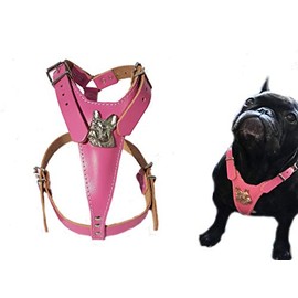 Beautiful Deep Pink Leather Dog Harness Medium with French Bulldog Head Motif