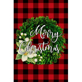 Texupday Merry Christmas Boxwood Wreath Winter House Flag Buffalo Check Plaid Rustic Farmhouse Outdoor Yard Flag 28" x 40"