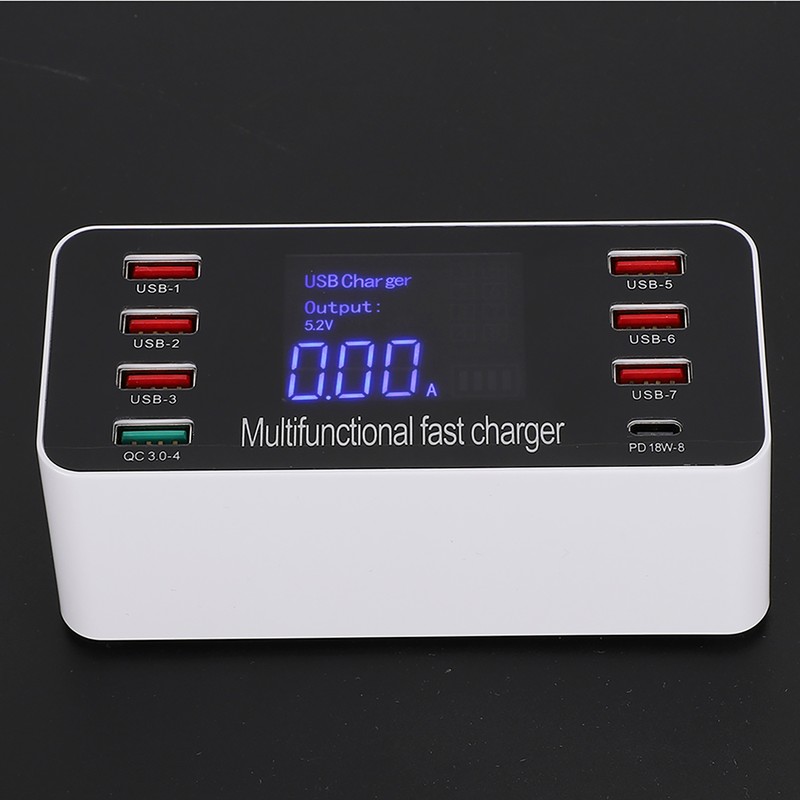 8-Ports Intelligent Charging Station LED Display Digital QC3.0 PD 60W